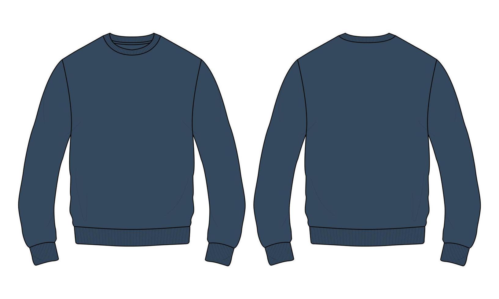 ronde hals sweatshirt met lange mouwen mode platte schetsen technische tekening vector illustratie sjabloon voor mannen. kleding jurk ontwerp marineblauw kleur mockup. trui fashion design geïsoleerd op wit