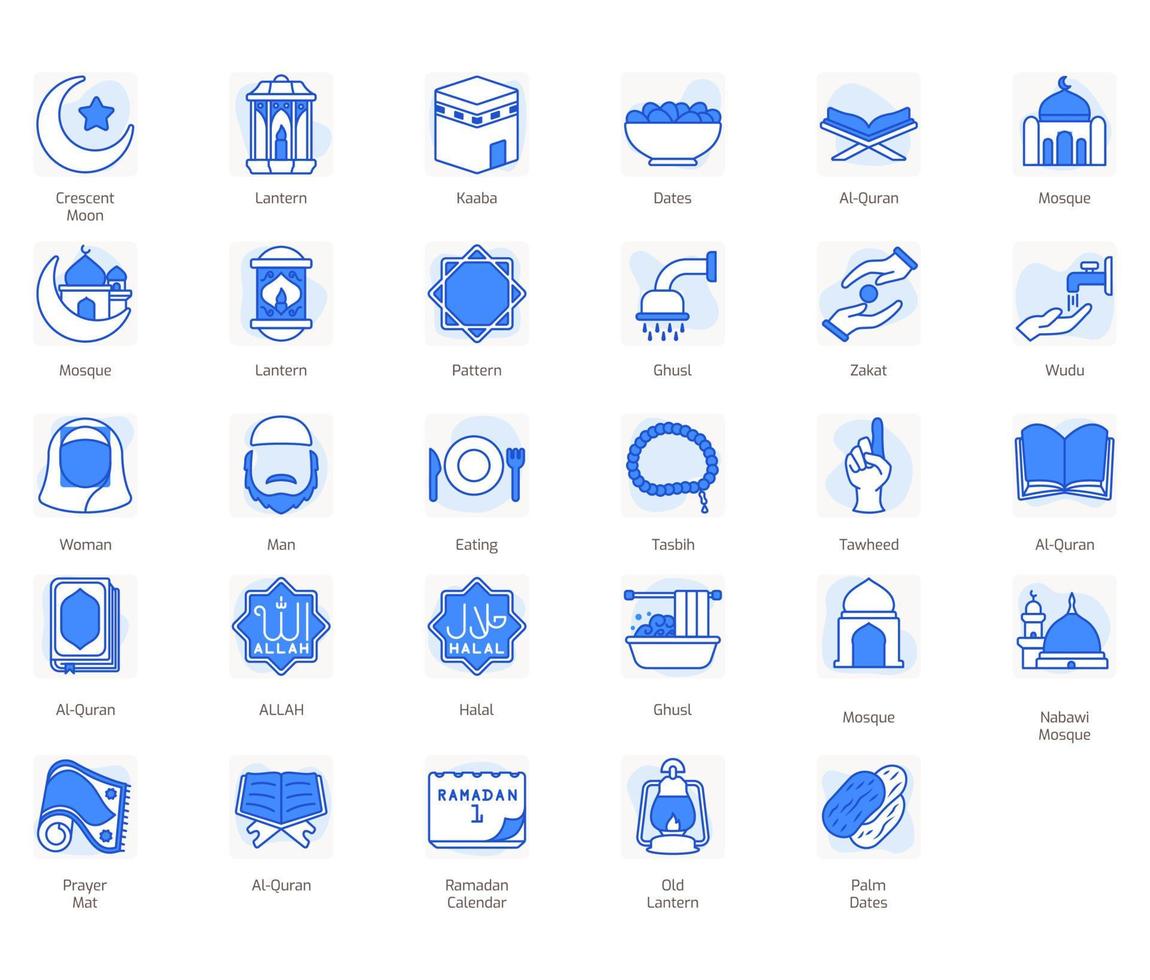 islamitische blauwe lijn icon set, islamitische vakantie symbolen collectie, vector illustraties