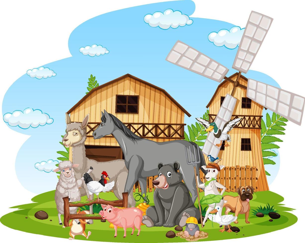 scène met boerderijdieren bij de schuur vector