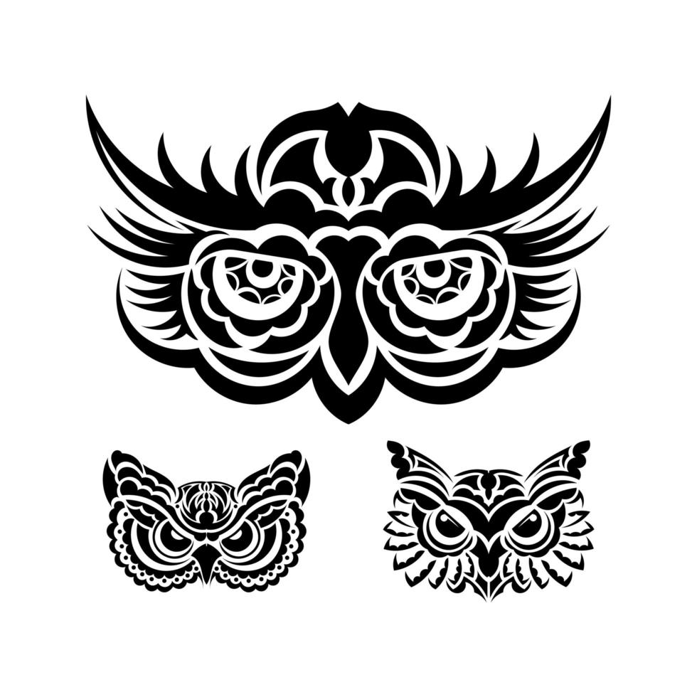 set van uil gezichten afdrukken. Polynesië en Maori patronen. goed voor t-shirts, kopjes, telefoonhoesjes en meer. vectorillustratie. vector