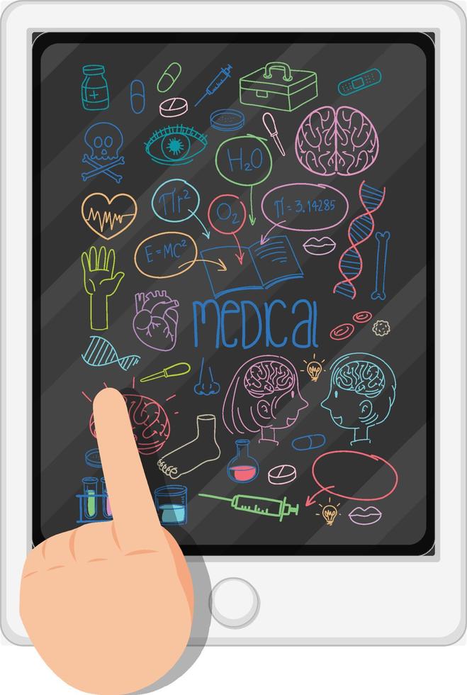 medische doodles met ipad en vinger op witte achtergrond vector