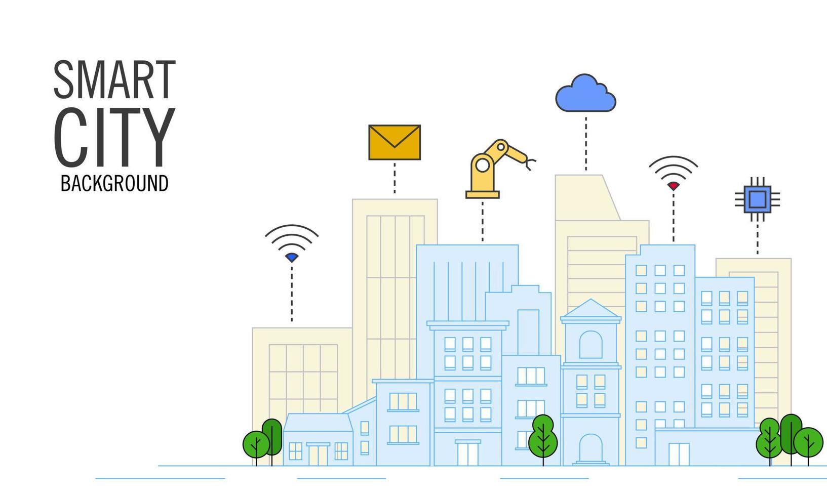 platte vectorillustratie van stadslandschap en technologie icoon. geschikt voor ontwerpelement van slimme stad, digitale technologie en automatisering op toekomstige stadsachtergrond. vector