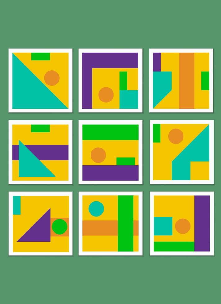 een reeks patronen van grafische elementen en eenvoudige geometrische vormen in felle kleuren. sjablonen voor kaartontwerp, posters, kunst aan de muur en decoratief drukwerk vector