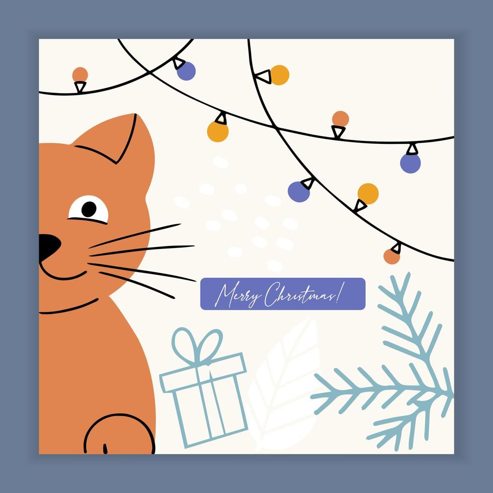 vrolijke kerstkaart met kitty kat en vakantie-elementen en symbolen. vector