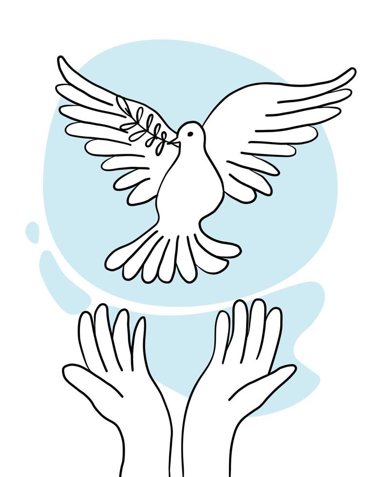 whands laat een vliegende duif met een tak los. vredesduif op een achtergrond van blauwe lucht. handgetekende lijnschets. vogel symbool van hoop, embleem tegen geweld en militaire conflicten vector