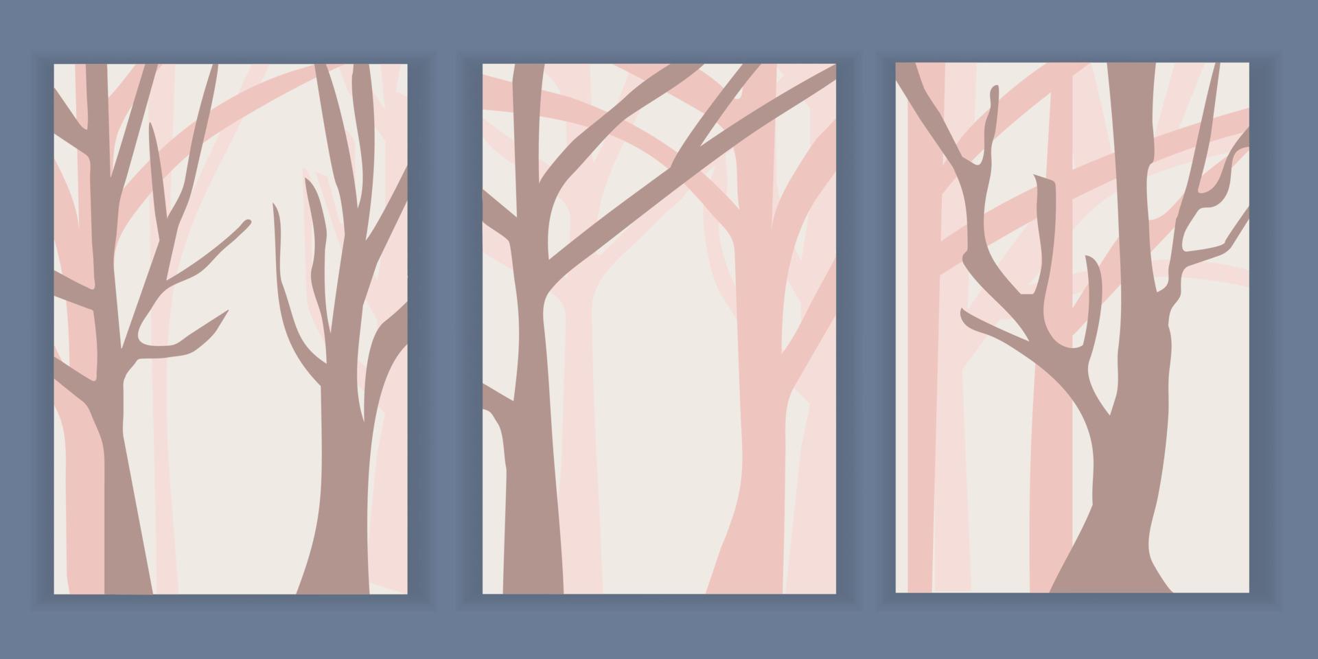 minimalistisch abstract landschap. bomen in het bos. takken zonder bladeren. pastel roze tinten vector