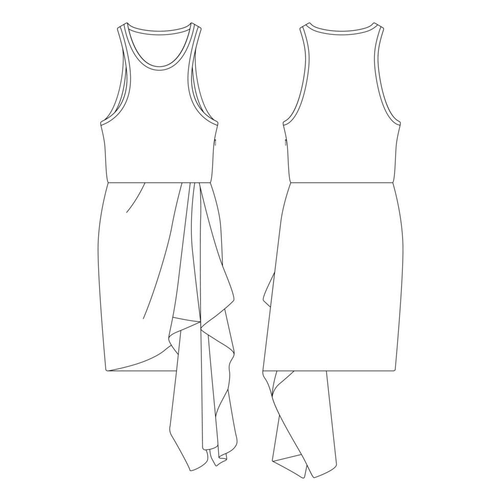 sjabloon mouwloos gedrapeerd ruche jurk vector illustratie plat ontwerp overzicht kleding