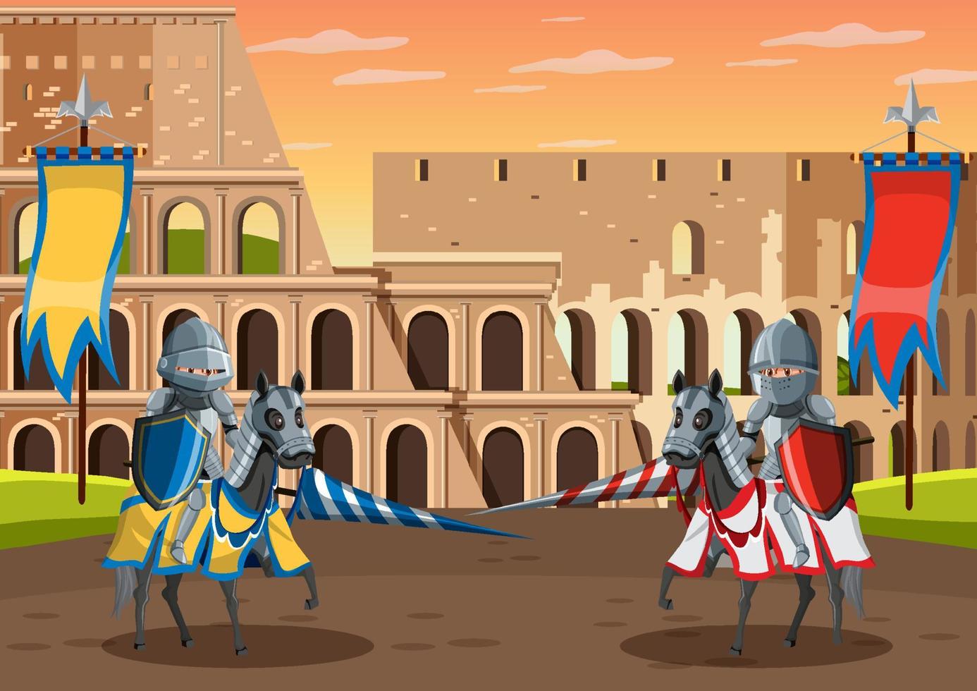 middeleeuws tafereel met twee ridders die samen vechten vector
