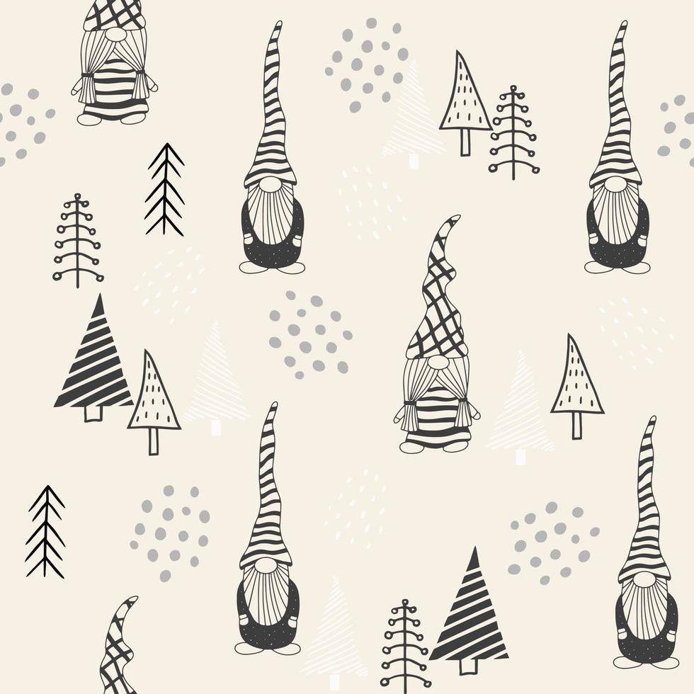 naadloos patroon met een schattige handgetekende kabouter en een kerstboom. scandinavische stijl vector achtergrond van doodle elementen