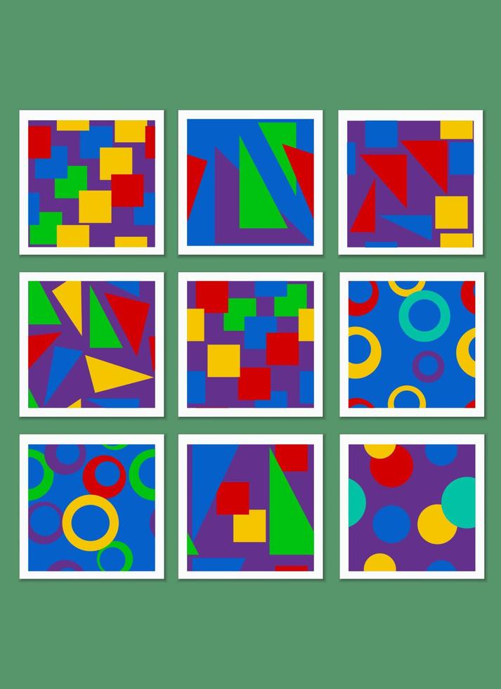 een reeks naadloze patronen van grafische elementen en eenvoudige geometrische vormen in felle kleuren. vector