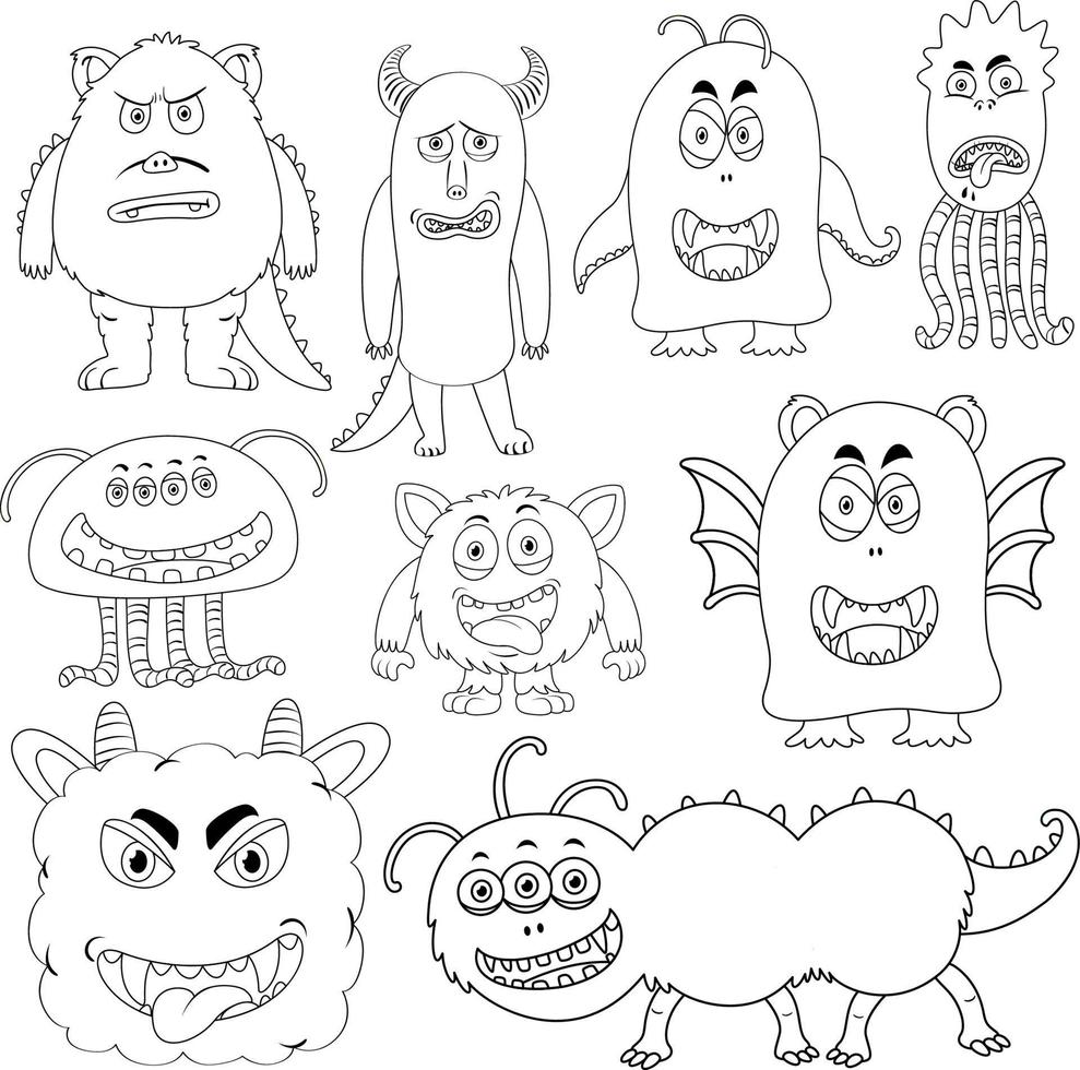 een set doodle over monster op witte achtergrond vector