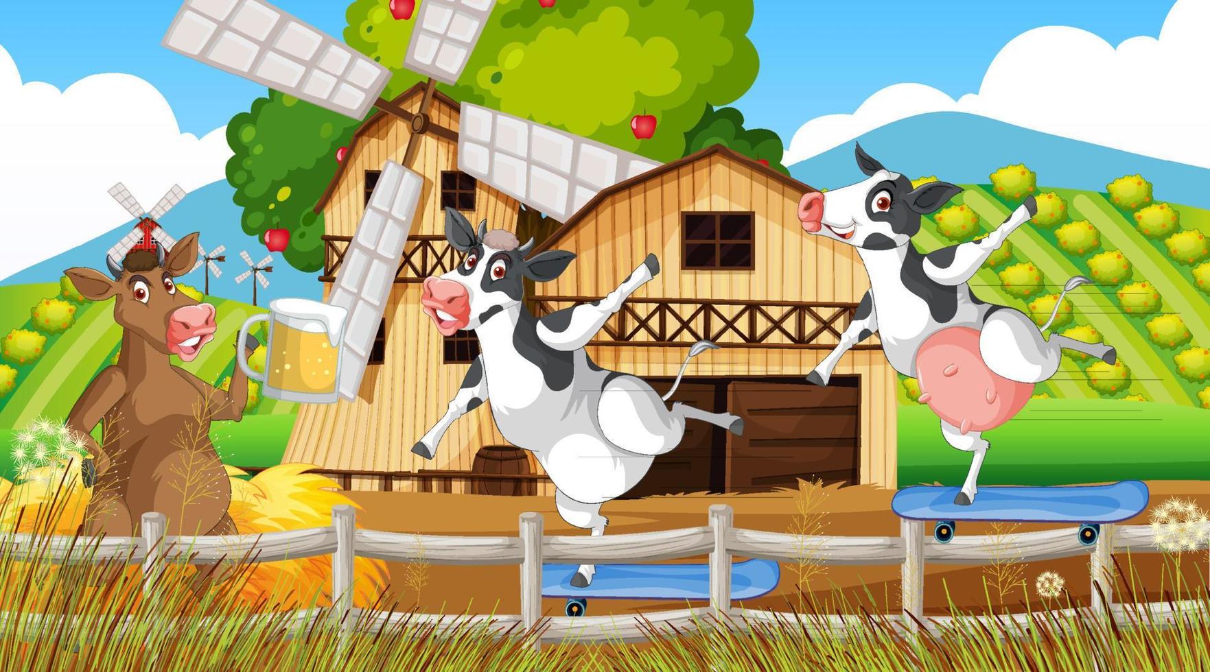 buiten koeienboerderij scène met vrolijke dieren cartoon vector