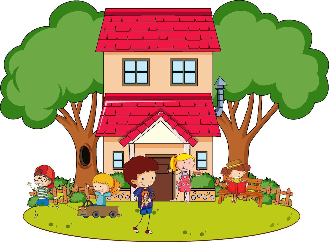 een eenvoudig huis met kinderen op de achtergrond van de natuur vector