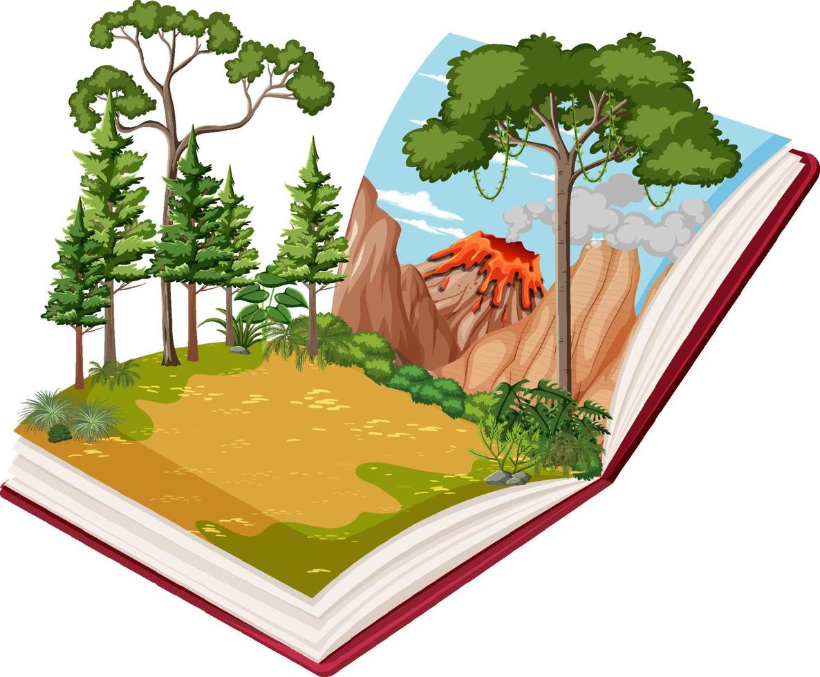 boek met scène van vulkaan in bos vector