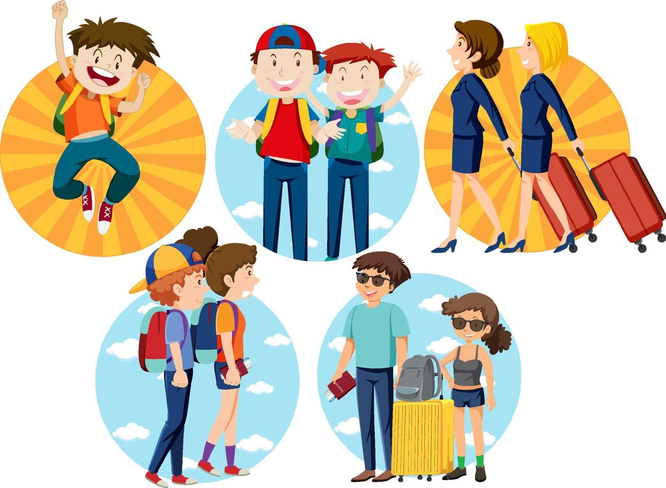 een set van reizen vakantie thema man en vrouwen op witte achtergrond vector