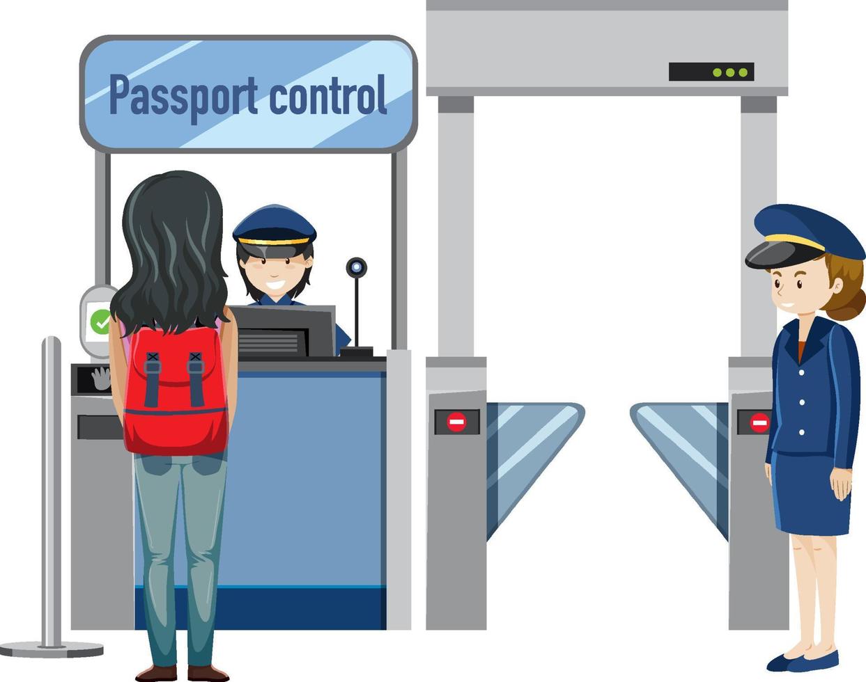 een passagier die bij de paspoortcontrole wacht met een beveiligingsbeambte vector
