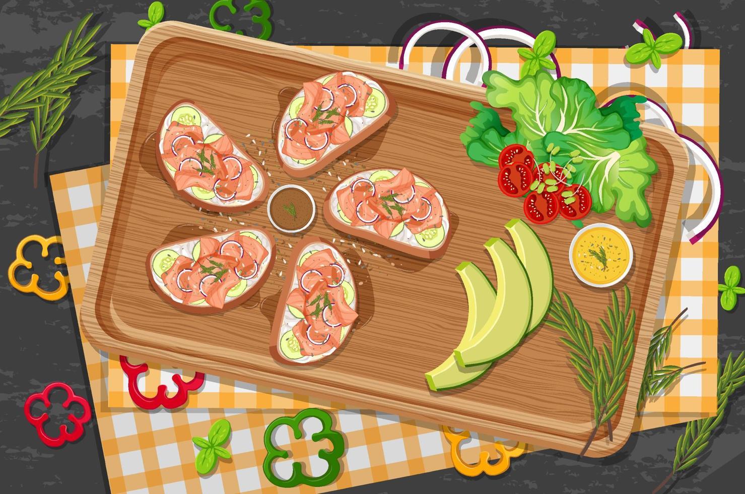 bovenaanzicht van bruschetta op een houten dienblad vector