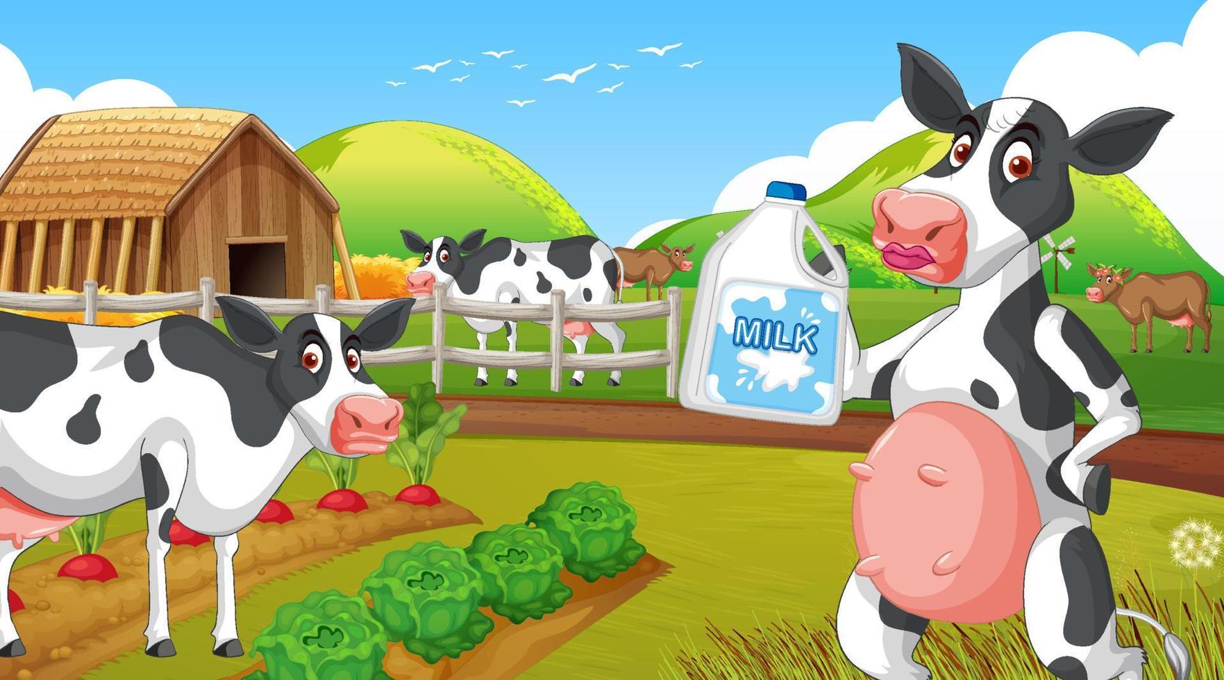 buiten koeienboerderij scène met vrolijke dieren cartoon vector