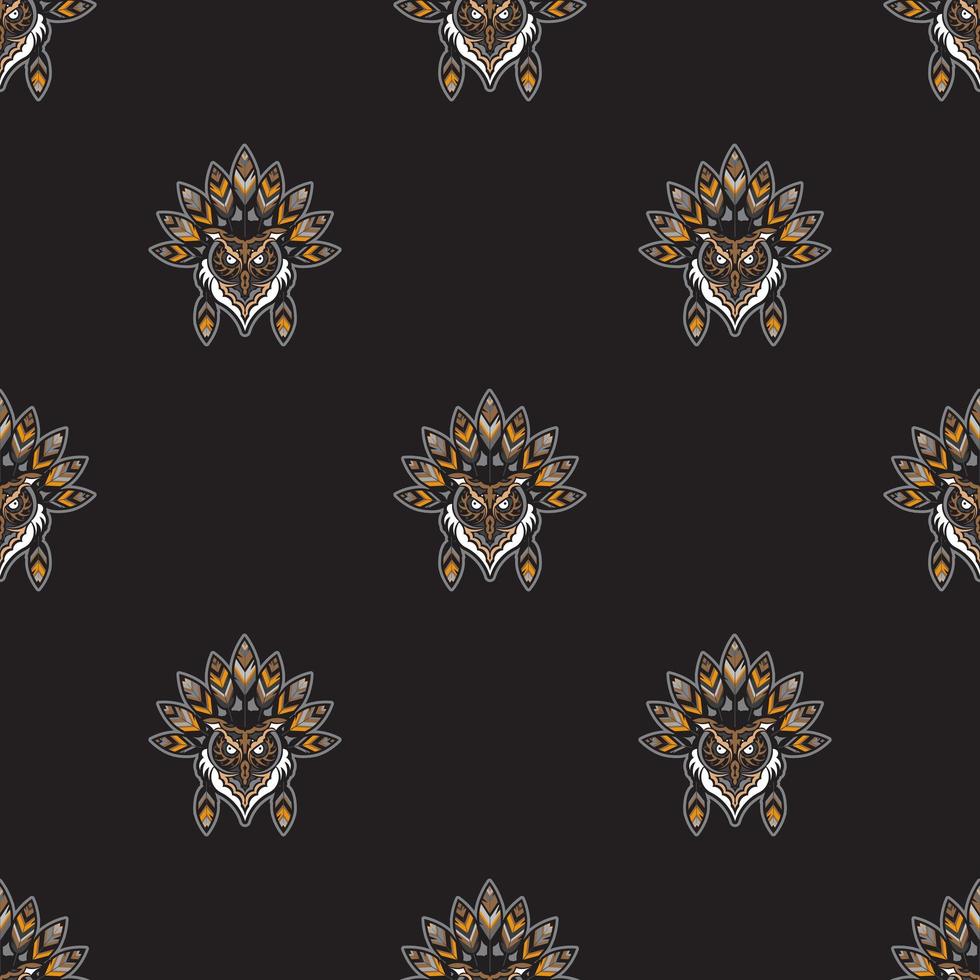 naadloos donker patroon met gezicht van een uil met veren van indianen. uil van patronen. goed voor logo's, prints en ansichtkaarten. vector illustratie