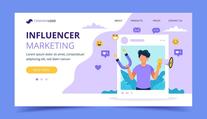 Influencer marketing bestemmingspagina met een megafoon van de mensenholding vector