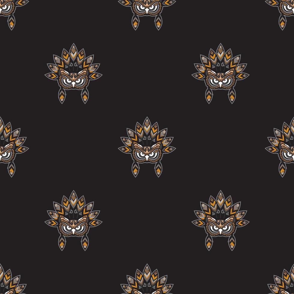 naadloos donker patroon met gezicht van een uil met veren van indianen. uil van patronen. goed voor afdrukken. vector illustratie