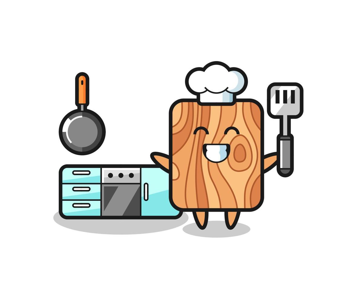 plank hout karakter illustratie als een chef-kok aan het koken is vector