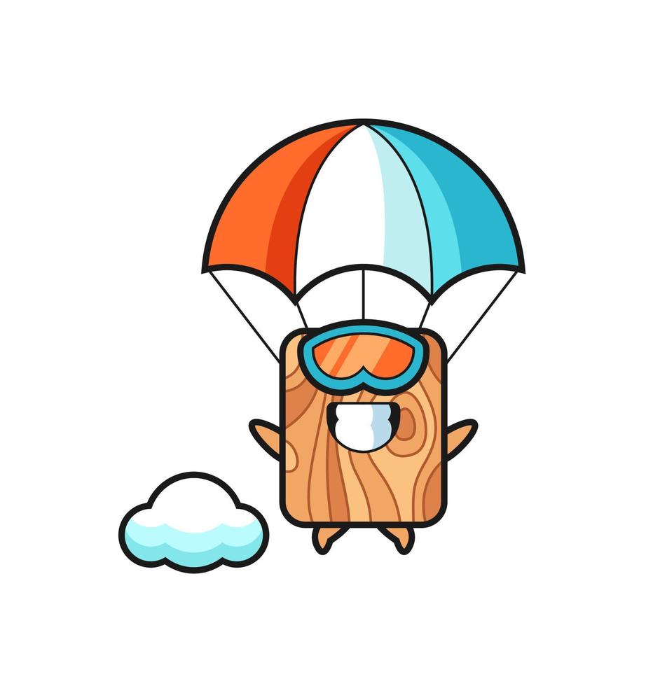 plank hout mascotte cartoon is aan het parachutespringen met een blij gebaar vector