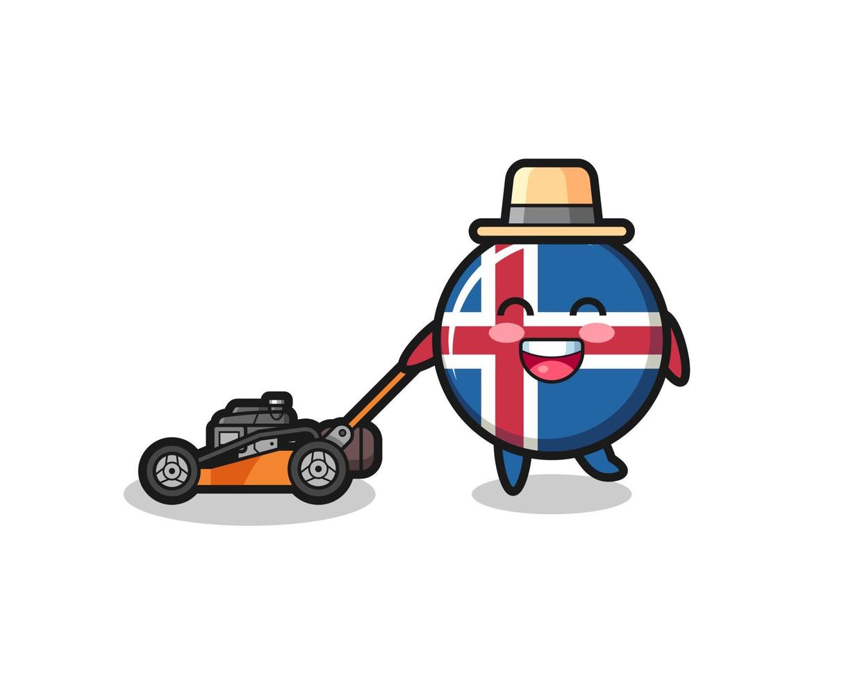 illustratie van het karakter van de vlag van ijsland met grasmaaier vector