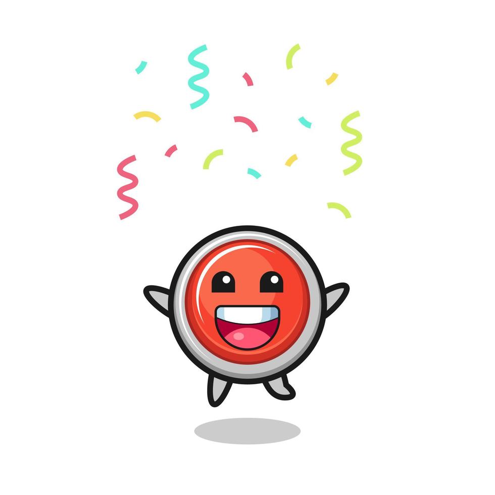 gelukkig nood paniekknop mascotte springen voor felicitatie met kleur confetti vector