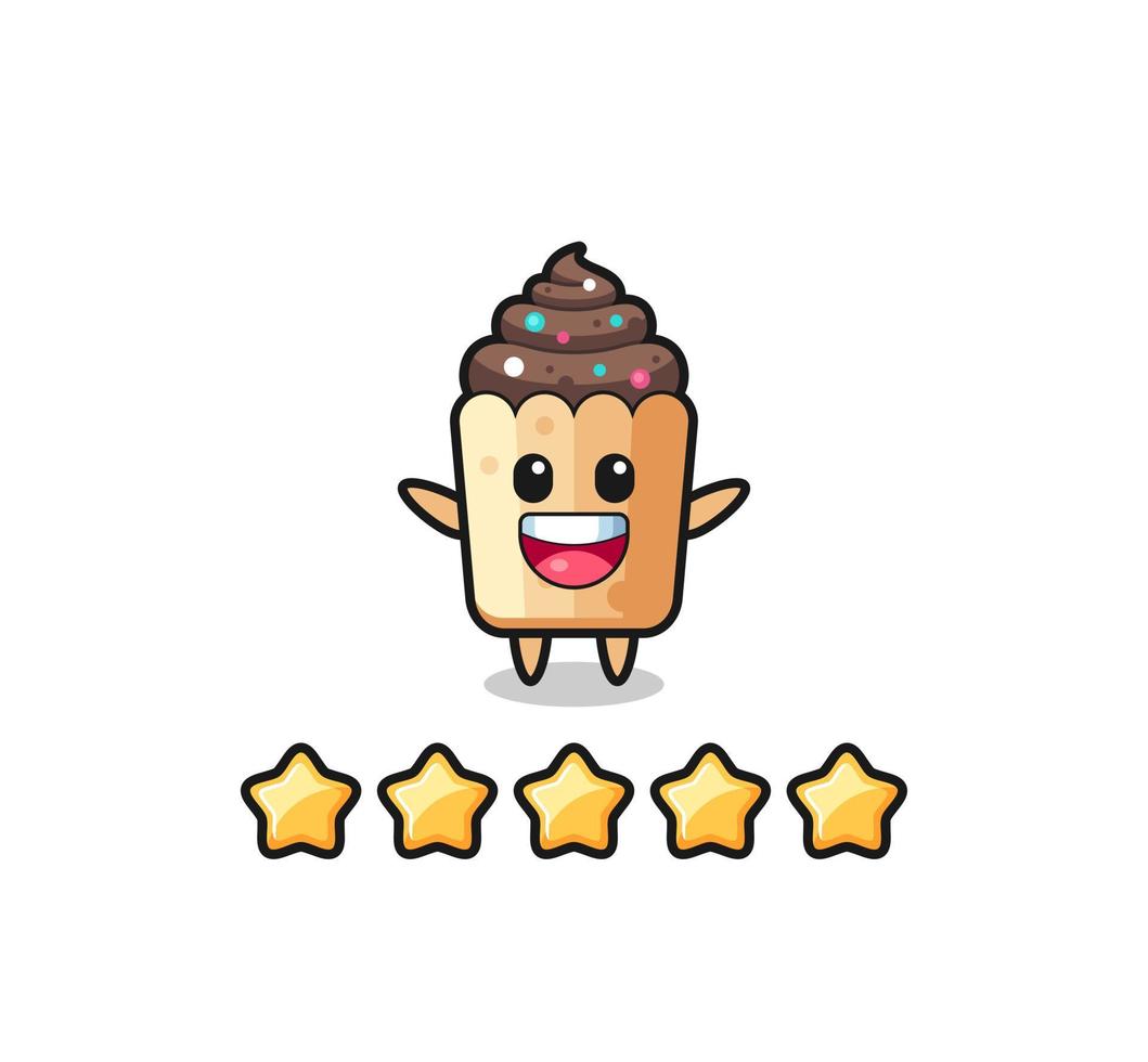 de illustratie van de beste beoordeling van de klant, cupcake schattig karakter met 5 sterren vector