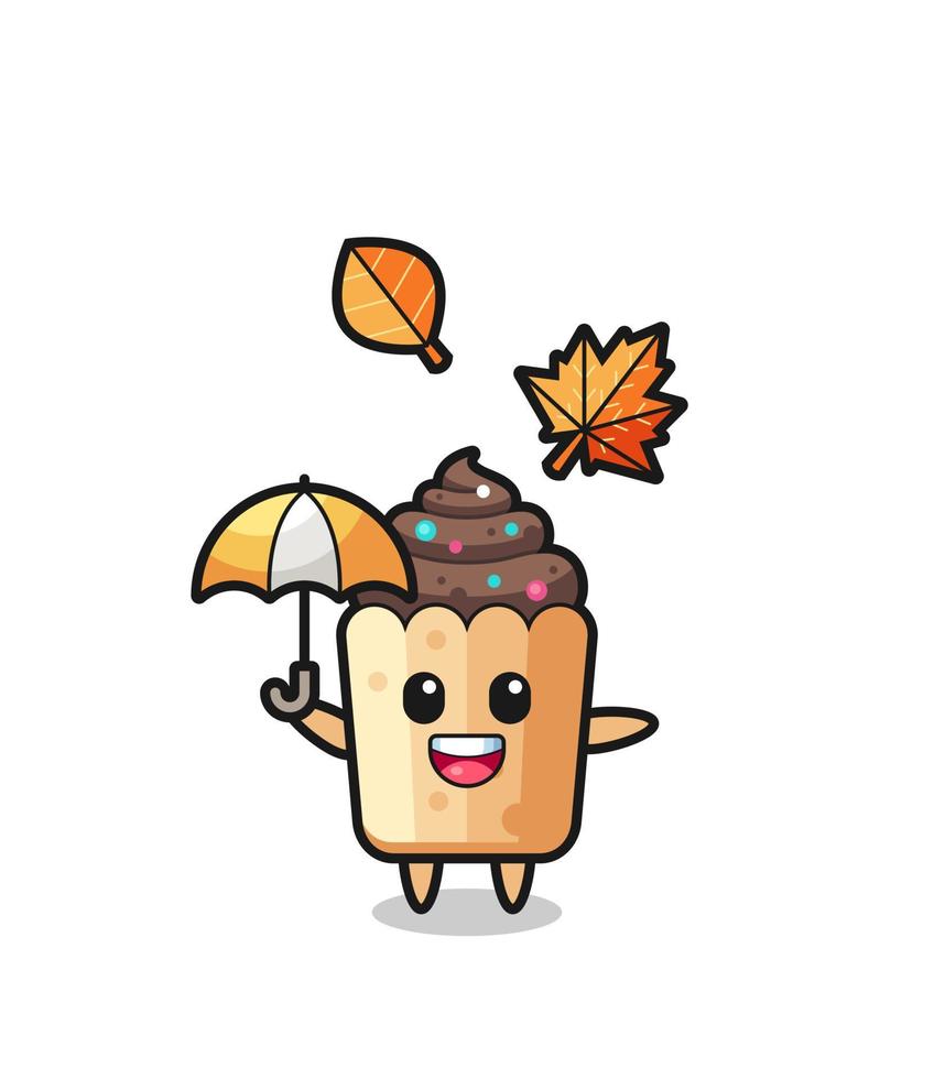 cartoon van de schattige cupcake die een paraplu vasthoudt in de herfst vector