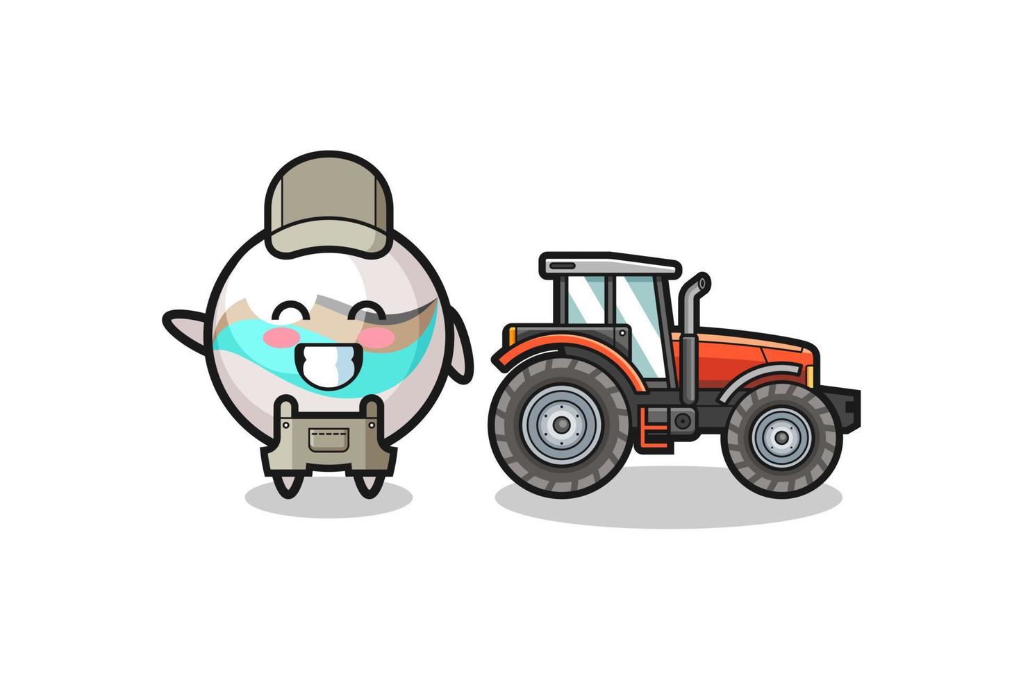 de mascotte van de marmeren speelgoedboer die naast een tractor staat vector