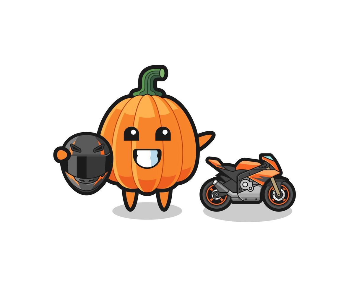 leuke pompoencartoon als motorcoureur vector