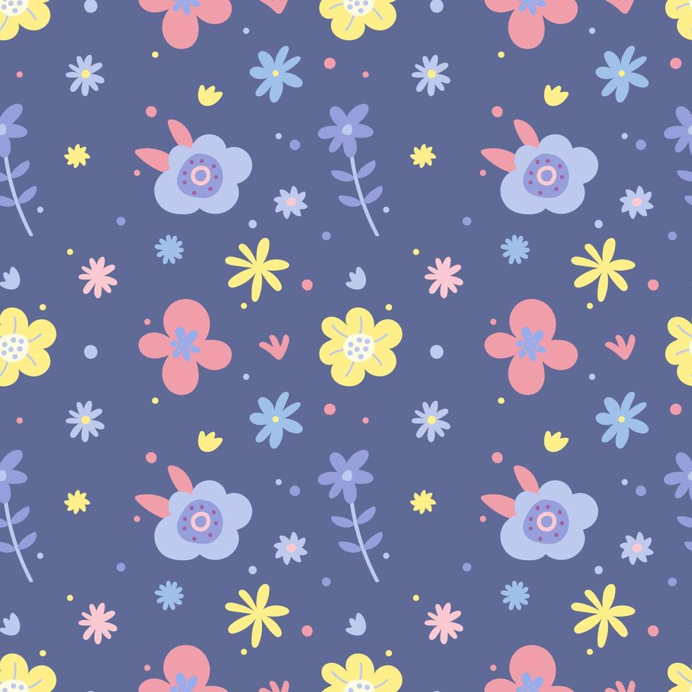 naadloos patroon met eenvoudige madeliefjebloemen in pastelkleuren op een violette achtergrond. bloemen moderne print voor stof, behang, textiel, verpakking. vector