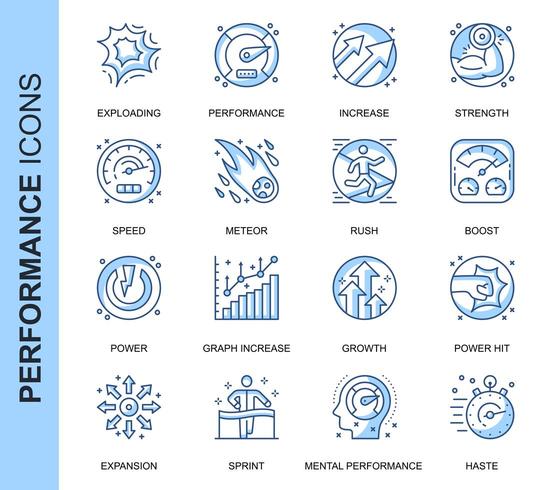 Blauwe dunne lijn prestaties gerelateerde Icons Set vector