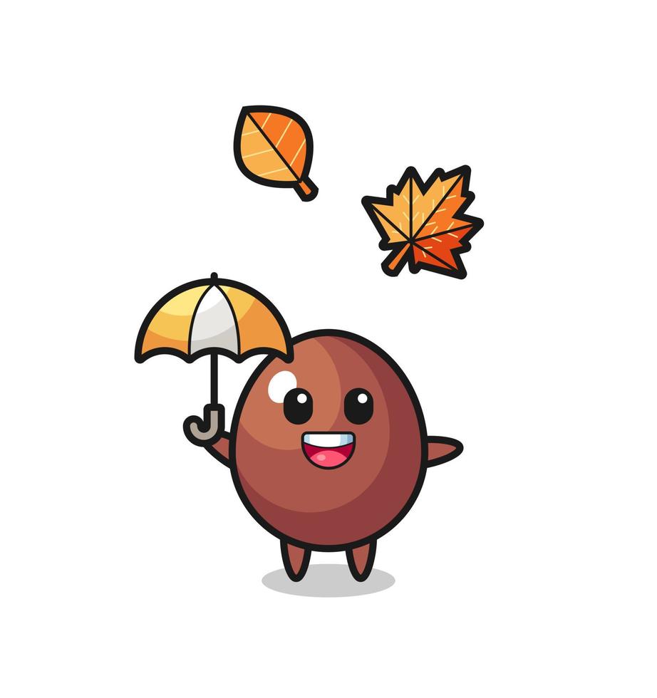 cartoon van het schattige chocolade-ei met een paraplu in de herfst vector