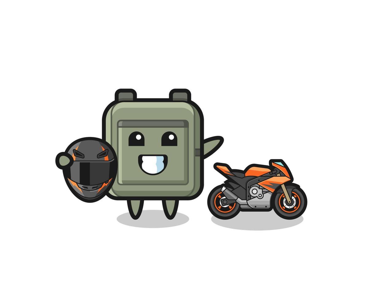 leuke schooltascartoon als motorcoureur vector