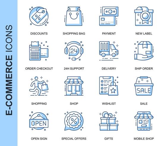 Blauwe dunne lijn E-commerce gerelateerde Icons Set vector