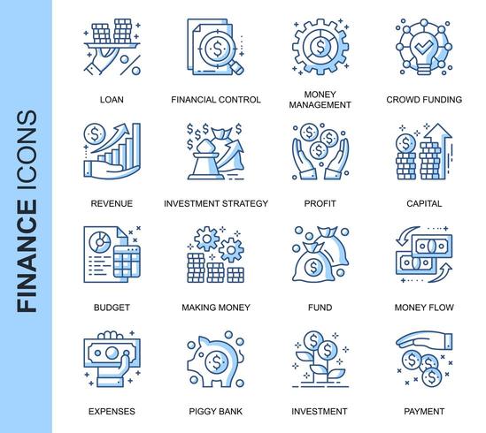 Blauwe dunne lijn Financiën gerelateerde Icons Set vector