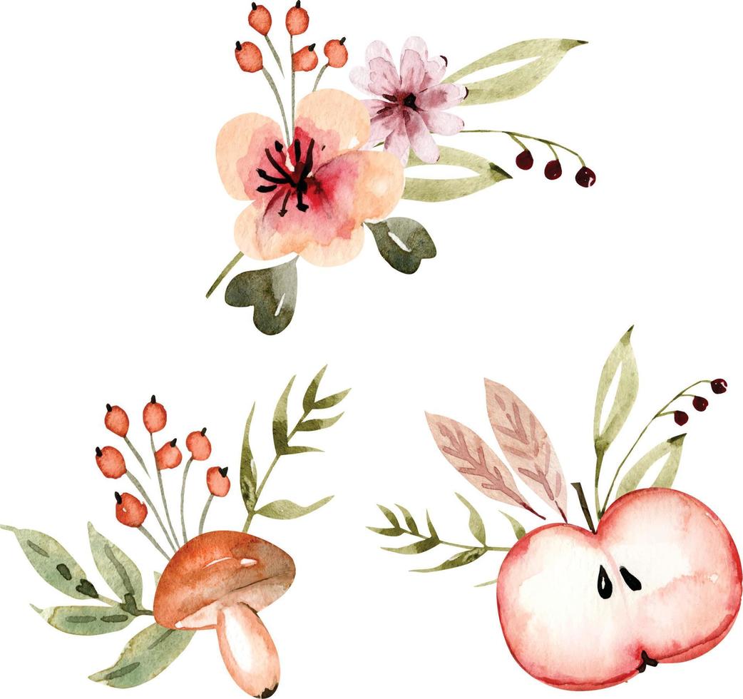 set aquarel boeketten met bloemen, paddestoelen en appels. hand geschilderd . vector