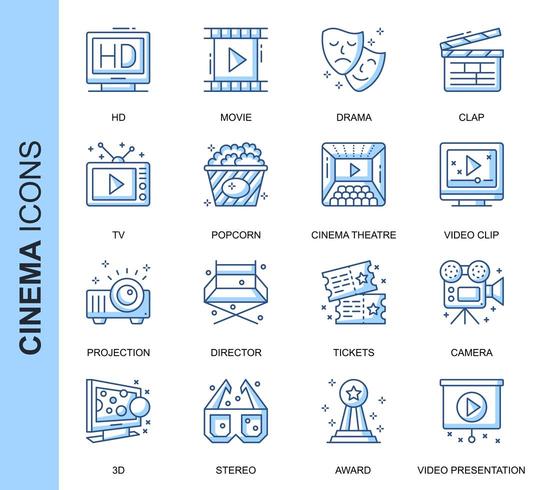 Blauwe dunne lijn Cinema gerelateerde Icons Set vector