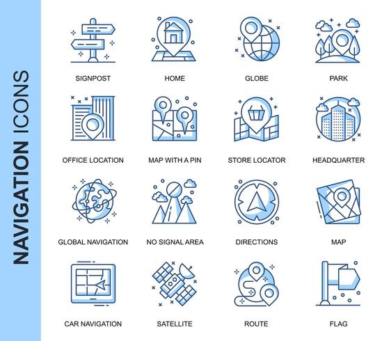 Blauwe dunne lijn navigatie gerelateerde Icons Set vector