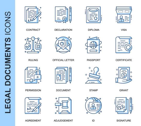 Blauwe dunne lijn juridische documenten gerelateerde Icons Set vector