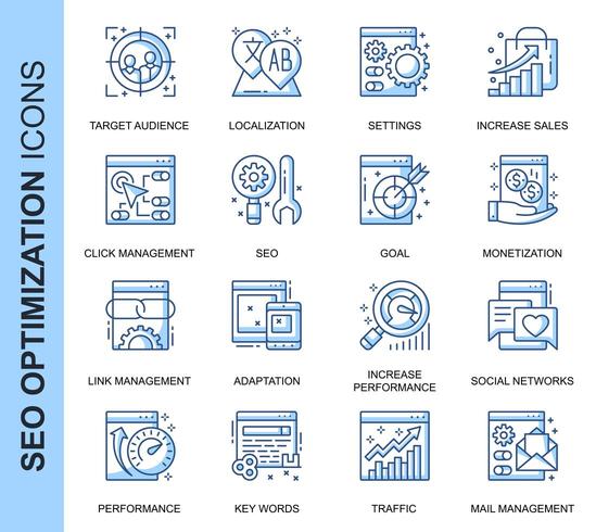 Blauwe dunne lijn SEO gerelateerde Icons Set vector