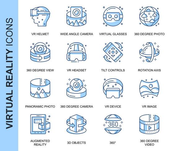 Blauwe dunne lijn Virtual Reality Icons Set vector