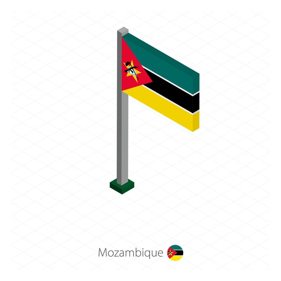 Mozambikaanse vlag op vlaggenmast in isometrische dimensie. vector