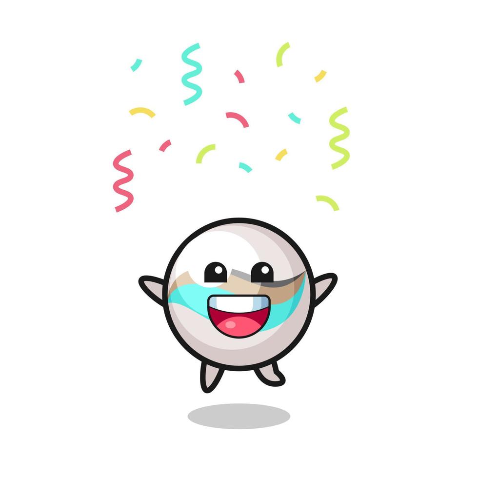 gelukkige marmeren speelgoedmascotte die voor felicitatie springt met gekleurde confetti vector