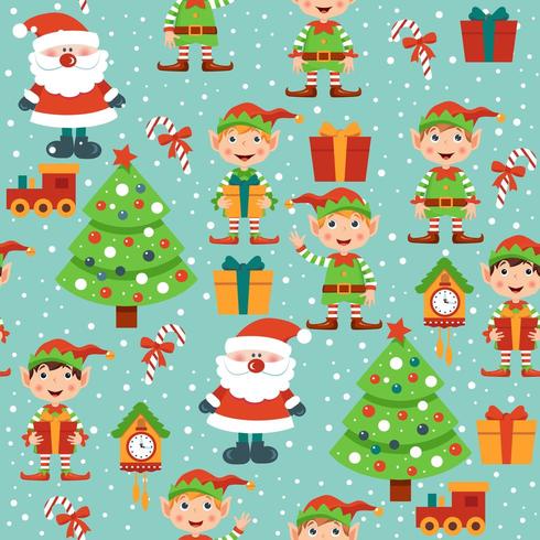 Seamles patroon met kerstman, elf, dozen, boom en klokken vector
