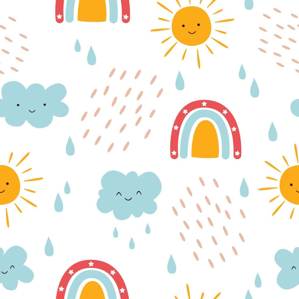 kinderen naadloos patroon met regenbogen, zon en wolken voor stoffen, kleding, vakanties, verpakkingspapier, decoratie. vectorillustratie. vector