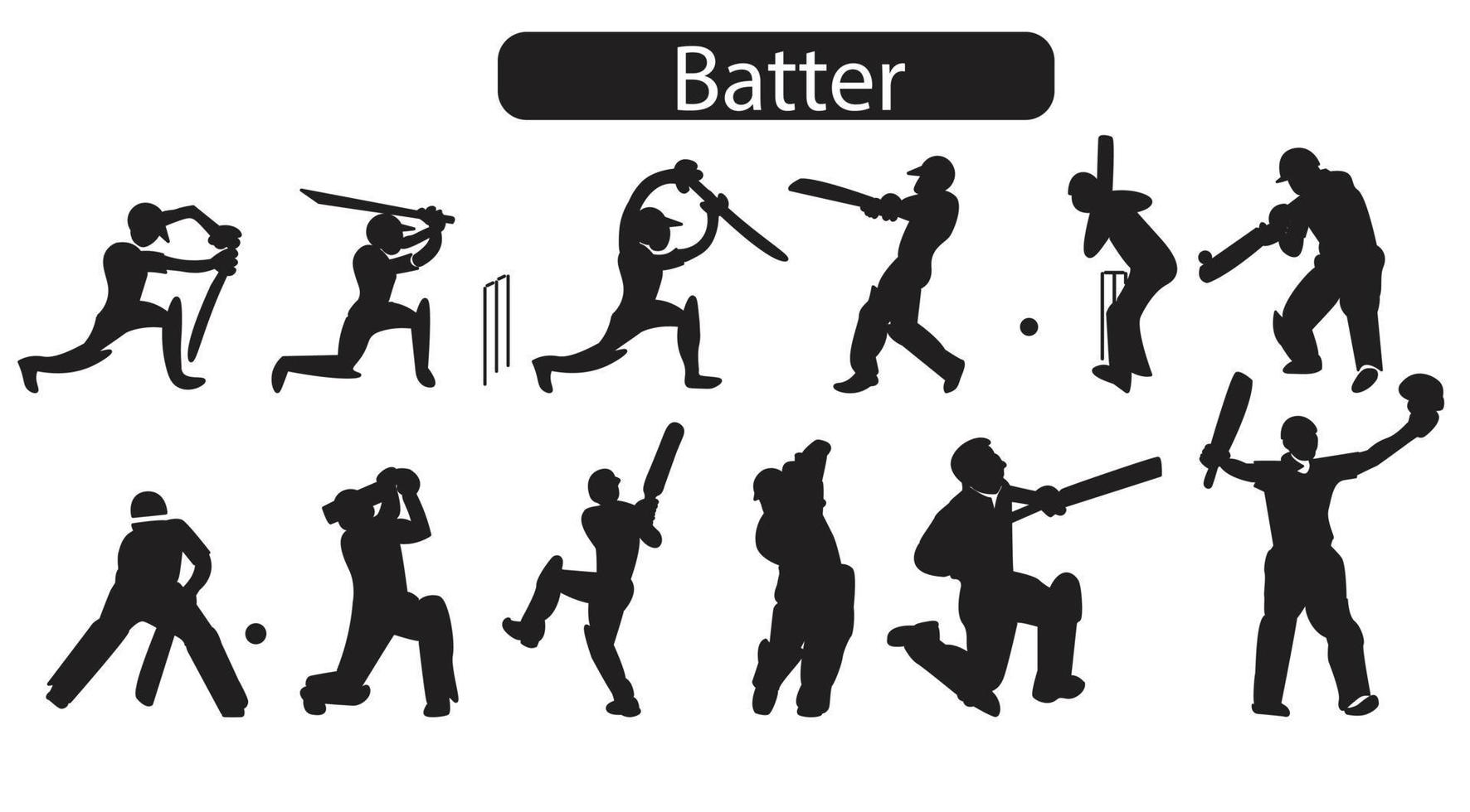 een reeks silhouetpictogrammen voor cricketacties vector